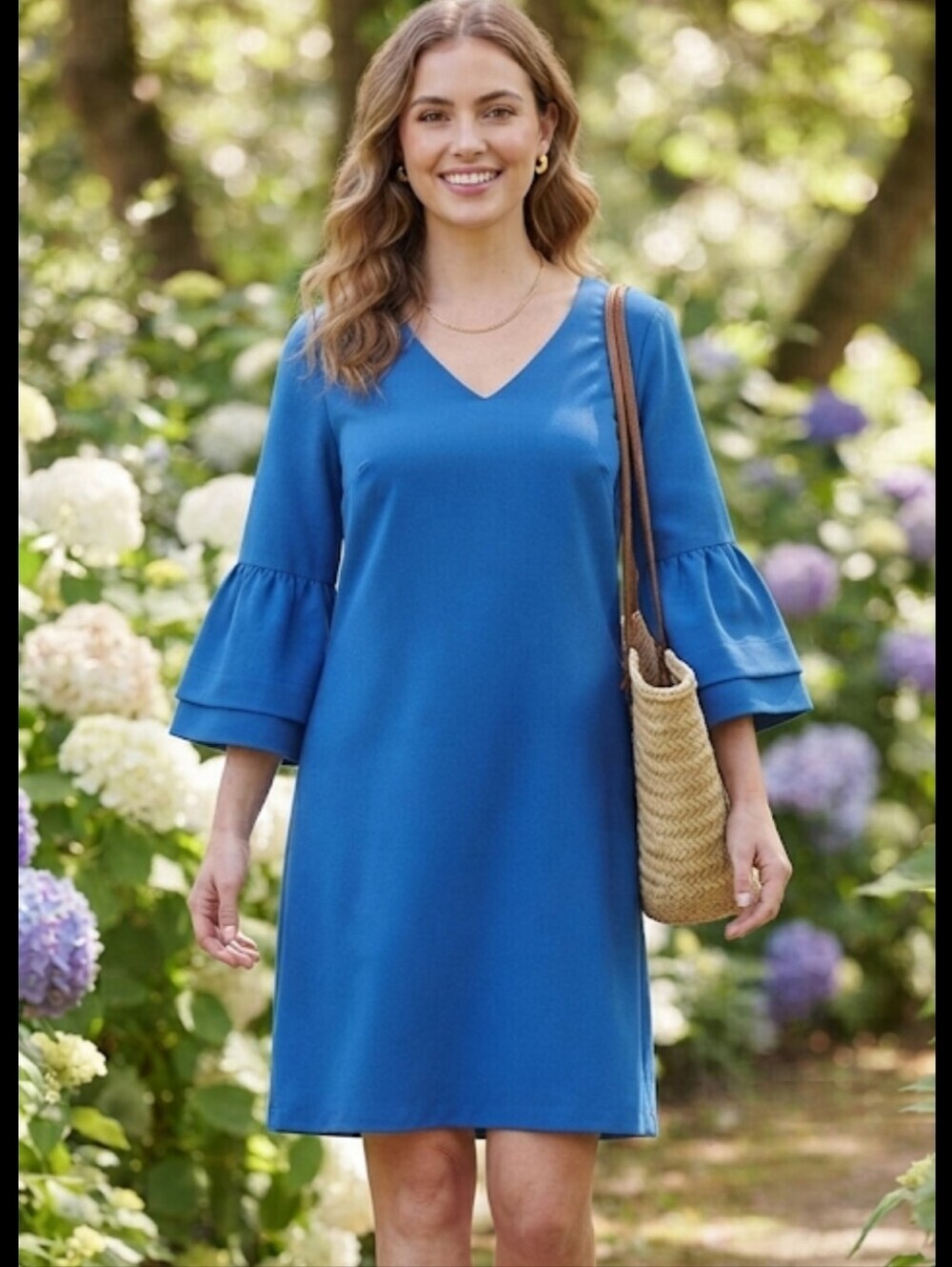 BELONGSEI Elegant Blue V-Neck Dress With Bell Sleeves